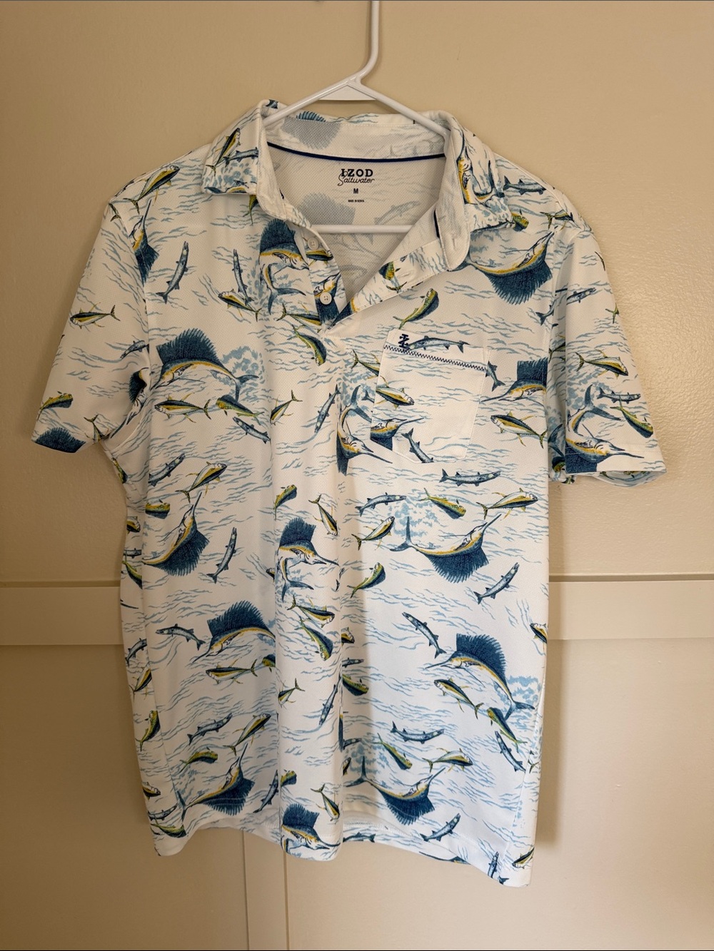 Izod White Polo with Blue and Yellow Marlin Print